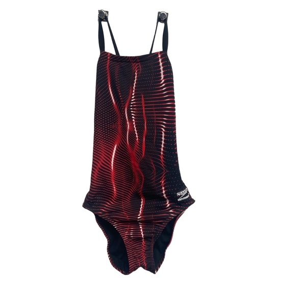 NWT Speedo Endurance+ Cross Back Red black print pattern Swimsuit Straps Size 28 - Picture 1 of 10